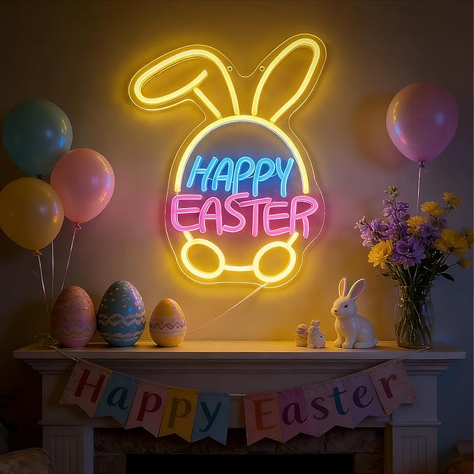Easter Decorations LED Neon Sign - Happy Easter&Rabbit&Egg Window Lights,USB Power Neon Lamp Home Party Indoor Outdoor Wall Bunny Decor,Light Up Sign for Bedroom,Easter Birthday Party Decorations