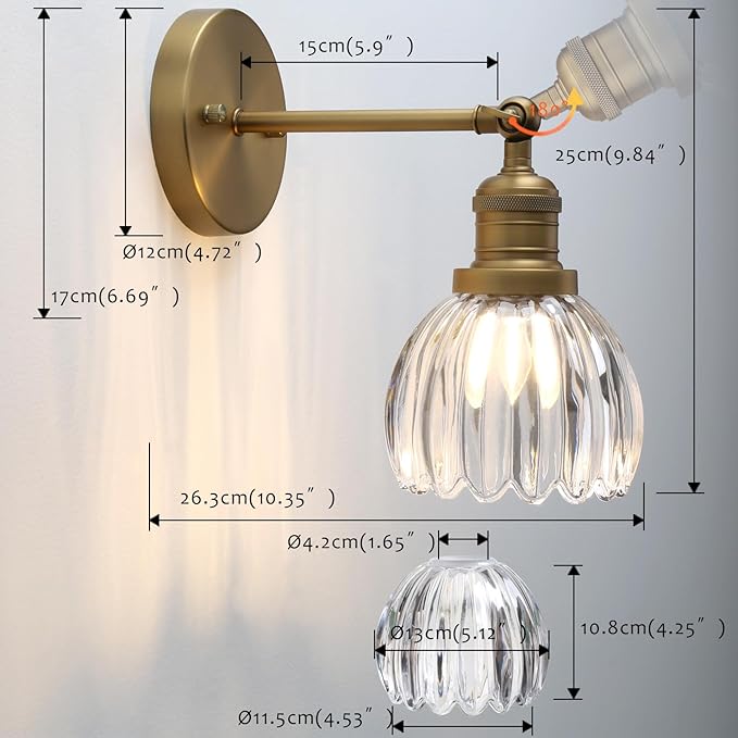 Pathson Adjustable Wall Sconce Lamp with Tulip Thick Glass, Hardwired Bathroom Sconce Brass Gold Wall Vanity Light Fixture for Living Room Farmhouse Bedside Lighting
