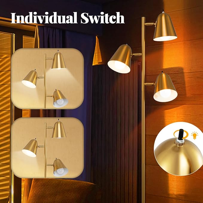 Tangkula 3-Light Floor Lamp, 64" Mid Century Modern 3 Light Tree, Standing Tall Pole Lamp with 3 A19 LED Bulbs and Adjustable Heads, 3 E26 Base, Reading Light for Living Room & Bedroom (Golden)