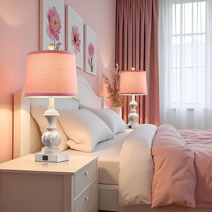 Set of 2 Pink Farmhouse Table Lamps 23.5" Vintage Nightstand Lamp with USB A+C Ports Antique Carved Floral Base & Pull Chain for Bedside, Living Room, Girls Bedroom, Dorm (Bulb Not Included)