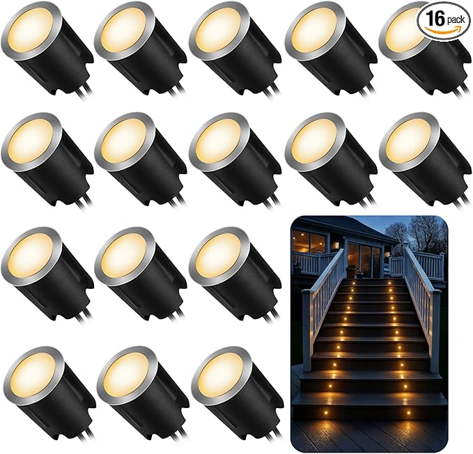 16 Pack LED Recessed Deck Lights with Protecting Shell, IP68 Waterproof Warm White, 0.6W , Outdoor Landscape Lighting, 12V Low Voltage Deck Lights Kit for Garden Yard Step Riser Stair Decoration