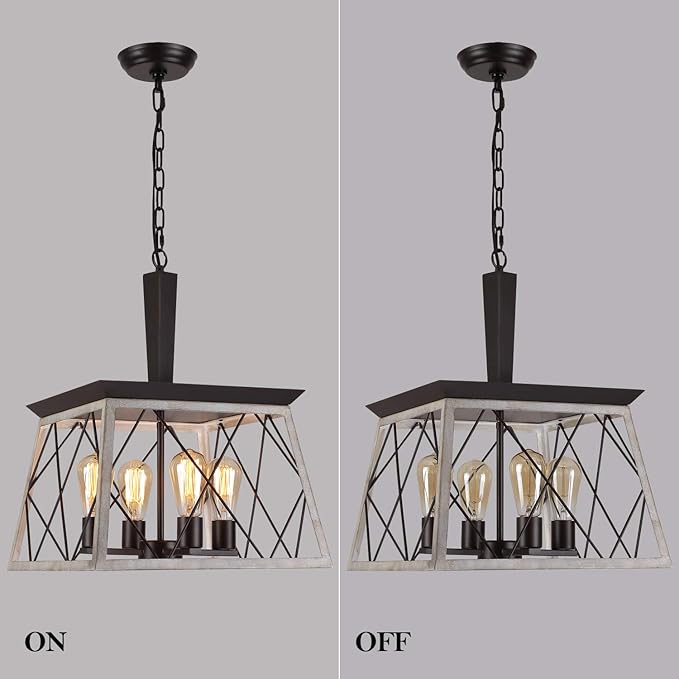 Q&S Farmhouse Vintage Chandelier, Rustic Pendant Light,Industrial Hanging Light Fixture for Dining Room Kitchen Island,Wrought Iron,ORB+Oak White 4 Lights E26 UL Listed
