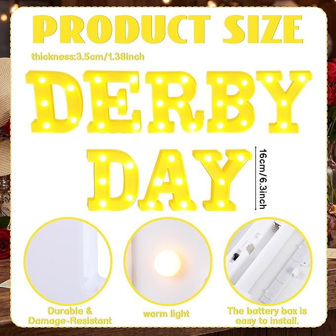 7 Pcs Derby Day Decorations Derby Day Large LED Letter Sign Battery Powered Light Hanging Decor for Party Decorations Indoor Outdoor