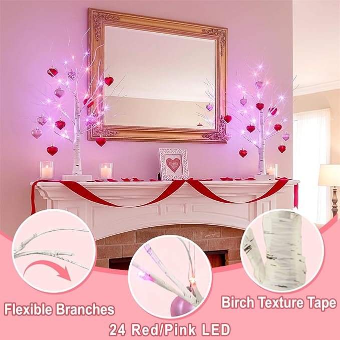 Valentines Day Decorations Birch Tree with Heart-Shaped Ornaments, Lighted Artificial Tree with 24 LED Pink&Red Lights, Light Up Tabletop Trees USB&Battery Operated for Home Indoor Table (2Pack 2Ft)
