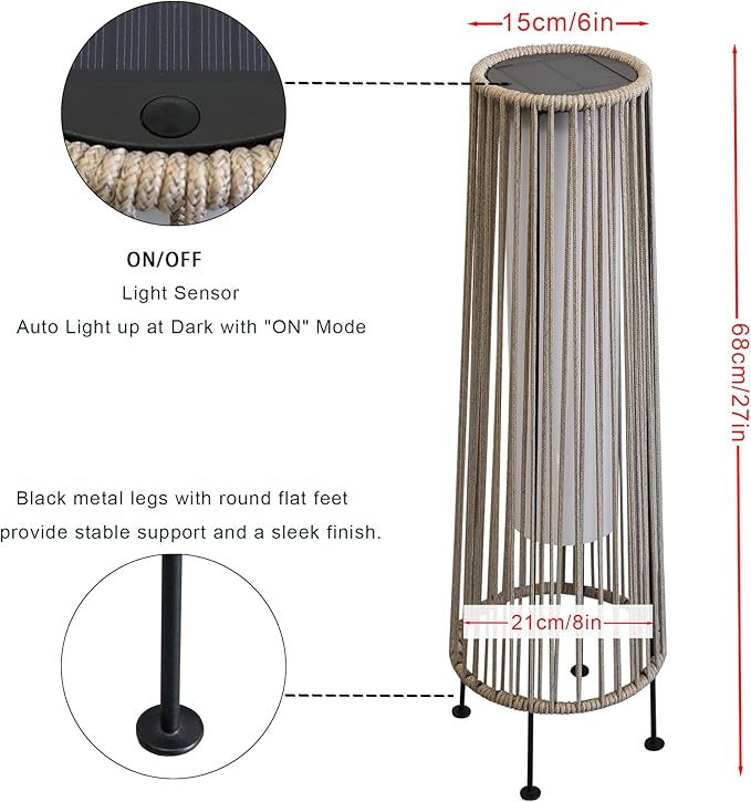 TRIROCKS Outdoor Floor Lamp 2 Piece Solar Powered Lantern Wicker Solar Patio Lamp with Olifen Rope Waterproof Rattan Outside Solar Deck Light for Patio Garden Lawn Yard (Grey)