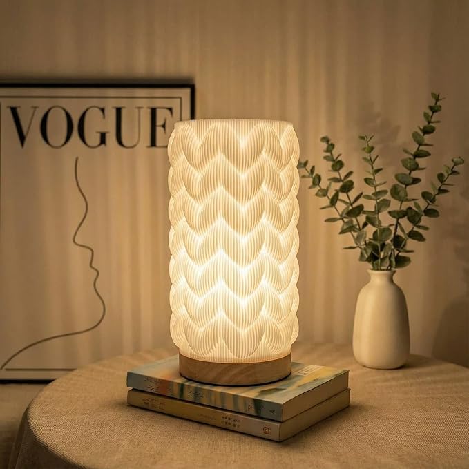 3D Printed Mini Lamp, Small Bedside Lamp with 3-Color Dimmable LED, Small Nightstand Lamp for Tight Spaces, Beautiful Lamp with Wooden Base - Honeycomb