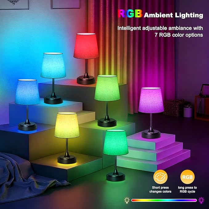 Small Cordless Table Lamp Rechargeable,5000mAh Battery Operated Desk Lamp,3 Colors & 7 RGB Stepless Dimmable,Touch Ambient Light for Bedside,Bedroom,Dining Room,Living Room,Black,FlaxenShade