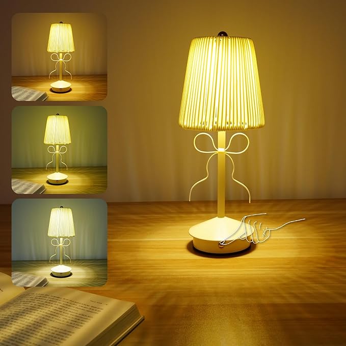 Boho Bow Rattan Table Lamp, Cordless Wicker Woven Vintage Table Lamp - LED Rechargeable Touch Control 3 Color Dimmable Reading Bedside Lamp for Bedroom Living Room Office, Home Outdoor Decor