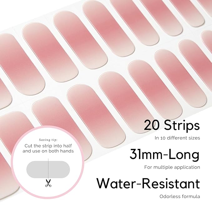 NAILOG 20 Pcs Clear Pink Gel Nail Strips - Extra Long Nail Wraps with Glossy Gel Finishing for Spring Summer Gradient Color, Tutu