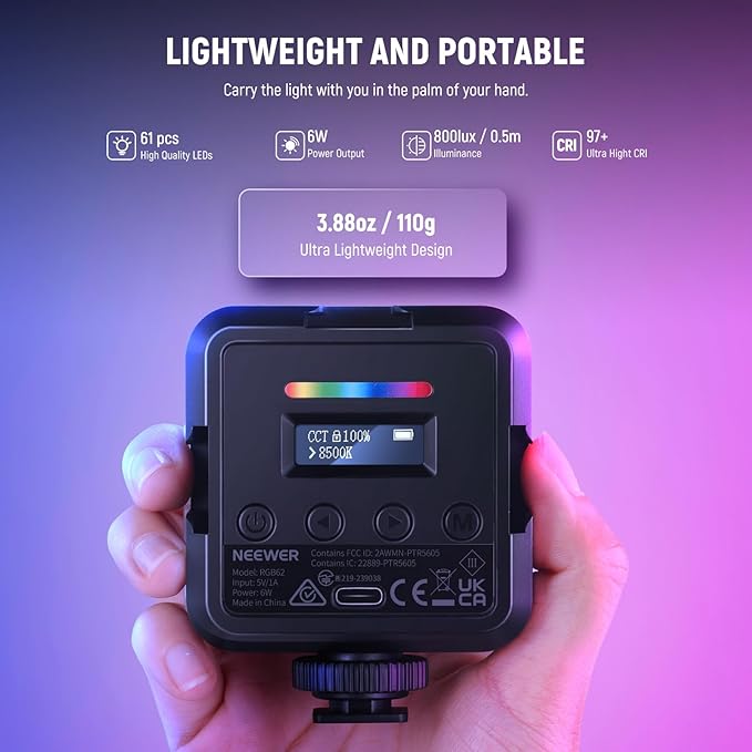 NEEWER RGB62 Magnetic RGB Video Light with APP Control, 2 Pack 360° Full Color LED Camera Light with 3 Cold Shoes CRI97+ 2500K-8500K 17 Scenes 2000mAh Rechargeable Portable Photography Selfie Lighting