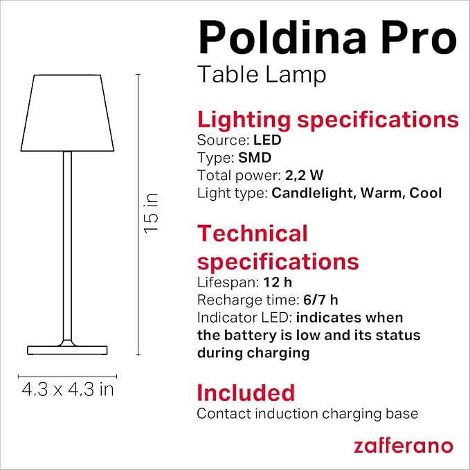 Zafferano, Poldina Pro Lamp, Rechargeable Cordless Table Lamp with Touch Controls, Suitable for Indoor and Outdoor, Dimmer, 2200-3000 K, Height 14.9 Inches, Bordeaux Color