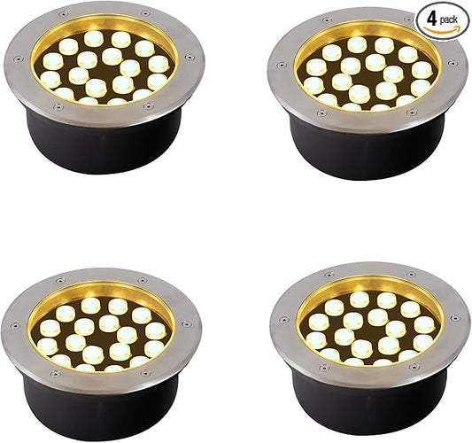 18W Outdoor Ground Lights,Diameter 8 inches,Waterproof IP67 Landscape Light,Warm White 3000K,High Voltage 110V 120V Pathway Lighting for Well,Walkway,Sidewalk,Garden,Yard,Deck,Pack of 4