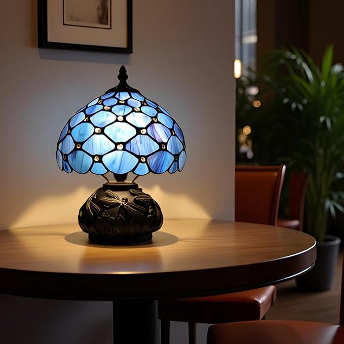 Small Tiffany Mushroom Table Lamp,Mini Memory Sympathy Antique lamp 8X11 Inch (Blue Beads)