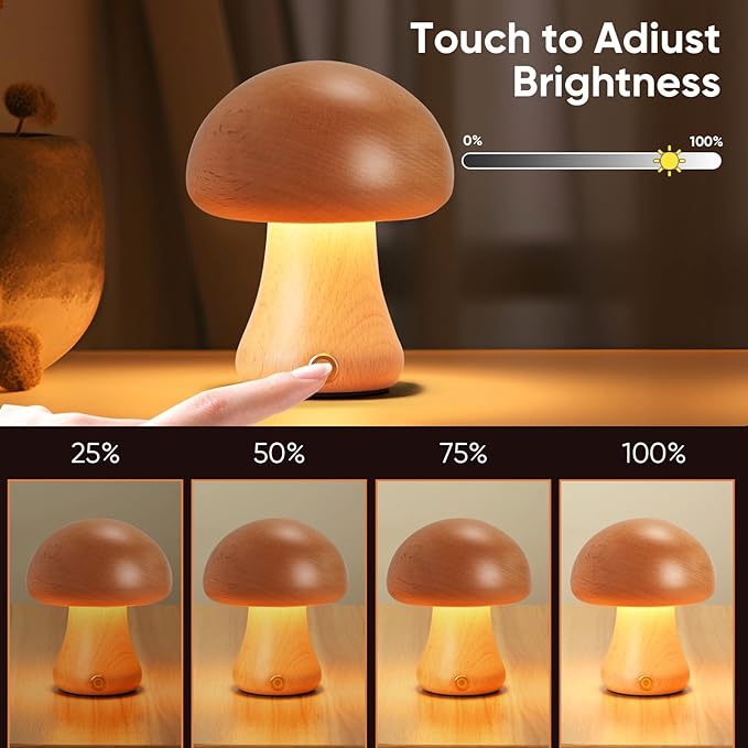 Creative Wood Mushroom Table Lamp, Portable Cordless Small Lamp, Rechargeable Battery Operated Lamp,Stepless Dimming, Night Light for Birthday Gifts, Creative Home Decor Unique House Gift