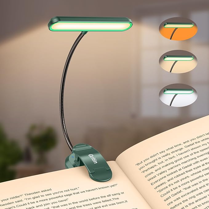 Gritin Rechargeable Book Light for Reading in Bed with 19 LED &Memory Function-Eye Caring 3 Color Temperatures,5 Brightness Levels,90 Hrs Runtime Flexible Goose Neck Clip on Light-Dark Green