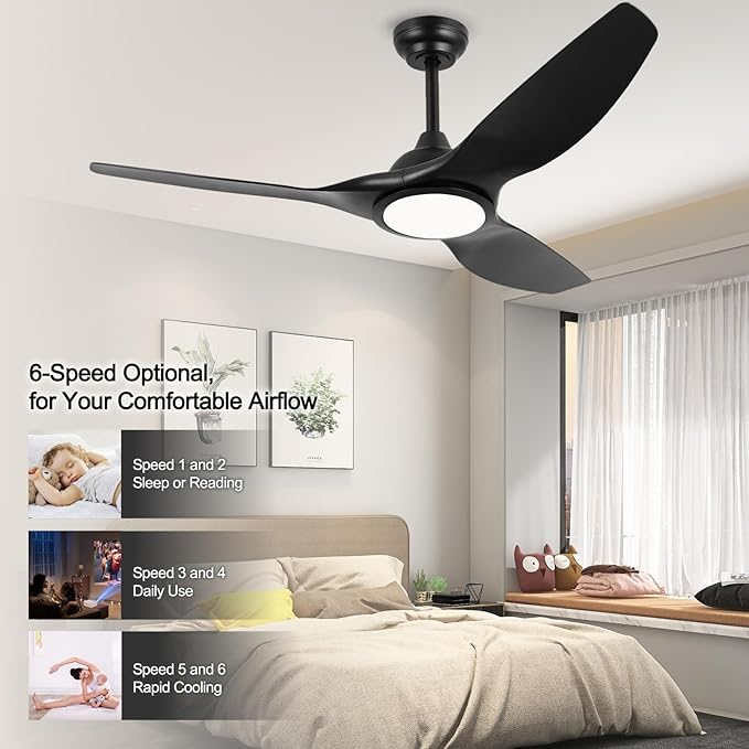 52 Inch 6 Speed High CFM Quiet DC Motor Modern Ceiling Fan with Lights Remote Control, Indoor 3 Blade Black Ceiling Fan for Bedroom Living Room