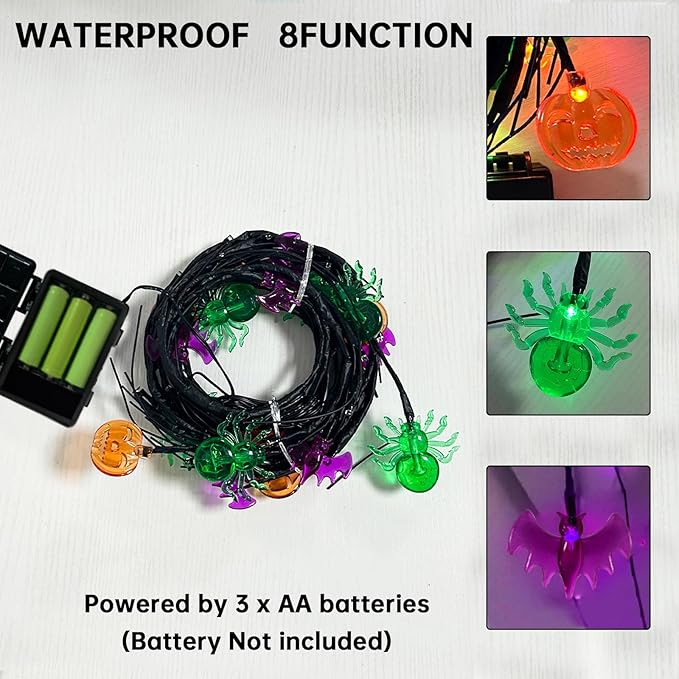 6FT Halloween Decorations Lights Willow Vine Twig Garland with Pumpkin Bat Spider Light, 8-Mode Battery Operated Decoration for Home Wall Table Fireplace Décor