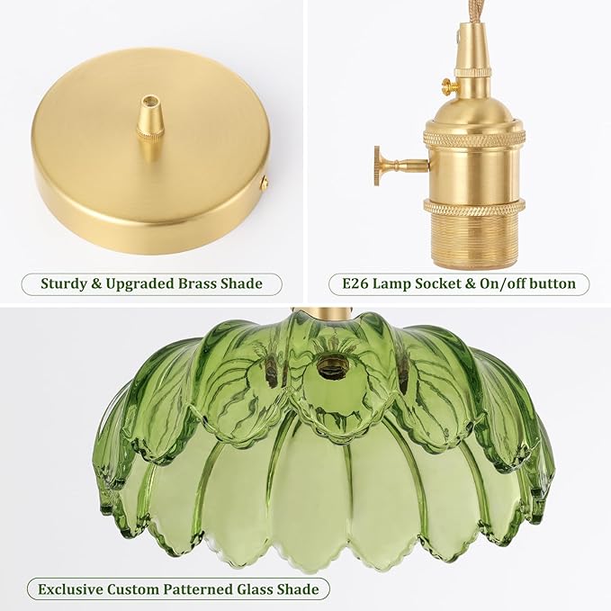 Pendant Light with Green Scindapsus Glass Lmapshade, Brass Vintage Pendant Light Adjustable Hanging Light for Kitchen Island Dining Room Hallway