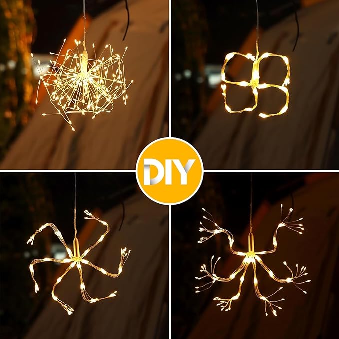5 Pack Solar Firework Lights, 450 LED 8 Modes Dimmable Waterproof Hanging DIY Starburst Fairy Lights with Remote Timer for Garden Indoor Outdoor Decoration (Warm White, 450)