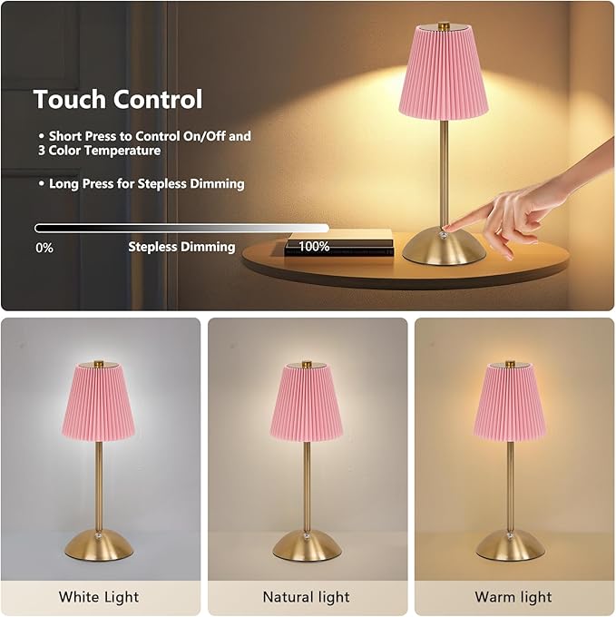 Pink Red Table Lamps, valentine night lights,Cordless LED Table Lamp with Dimmer, Built-in Rechargeable Battery,Patio Table Lamp, Bedside Night Lamp, Ambient Light for Restaurant, Antique Brass (pink)