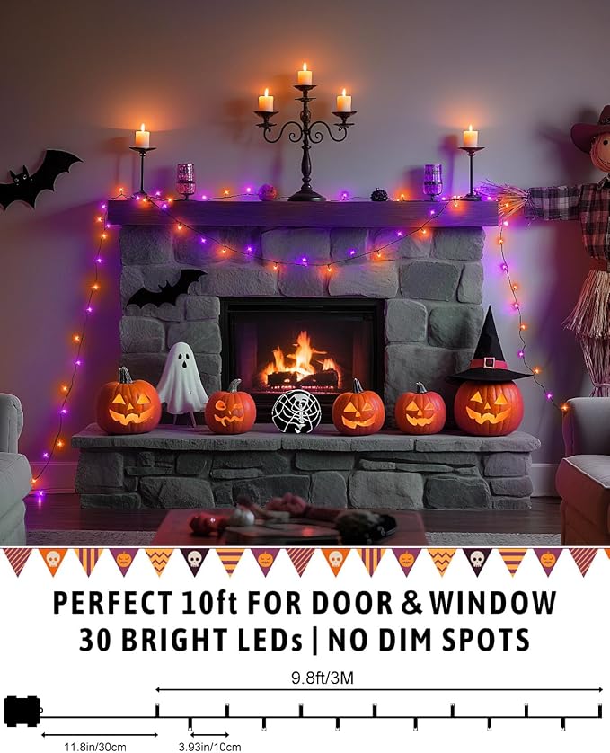 Halloween String Lights Battery Operated, Orange and Purple Fairy Lights with Timer Waterproof 9.8ft 30 LED Halloween Decorations for Outdoor Indoor Patio Party Garden Yard Decor