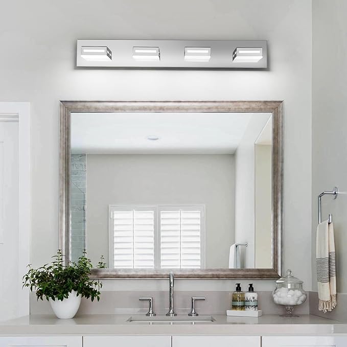30-Inch 4-Light LED Modern Chrome Bathroom Vanity Light Fixtures Over Mirror, Bathroom Lighting Fixtures with Cool White 6000K, Rotatable Vanity Wall Lights for Bath Restroom Powder Room