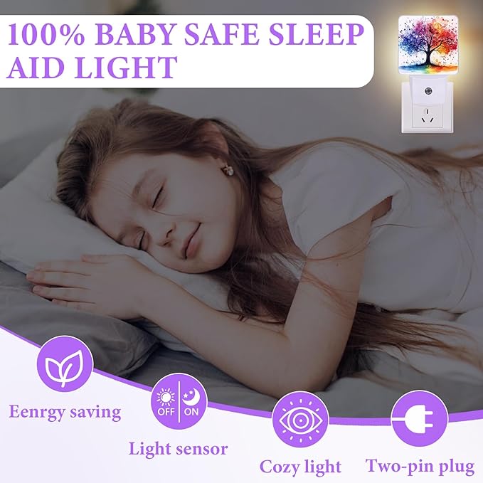 Colorful Trees Night Light,Plug-in Night Lights with Dusk-to-Dawn Sensor for Bedroom,Bathroom and Living Room Sleep Friendly lamp 0.5w