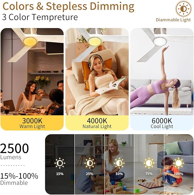 52Inch Ceiling Fan with Lights Remote Control,Flush Mount Ceiling Fan with Noiseless Reversible DC Motor with 6-Speed and Timer for Bedroom,Living Room,Home Office,Brushed Nickel
