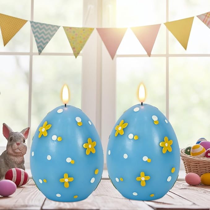 Eldnacele Easter Flameless Candles with 6H Timer, Battery Operated Egg Shaped 3D Wick Flickering Candle Real Wax Blue LED Candles for Easter Party Spring Dinner Decor(2.4"×6.3")