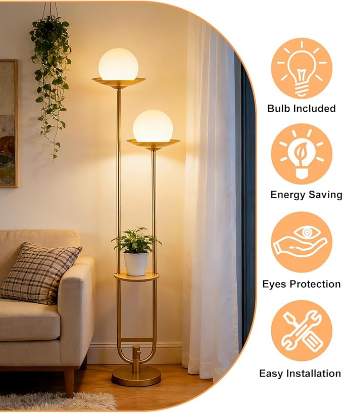 Lightdot 63IN Gold Floor Lamp with U Pole, 2 Globe Mid Century Standing Lamps Dimmable with 3000K Warm White LED Bulbs, Unique Vintage Tall Floor Lamp for Living Room/Wedding/Party