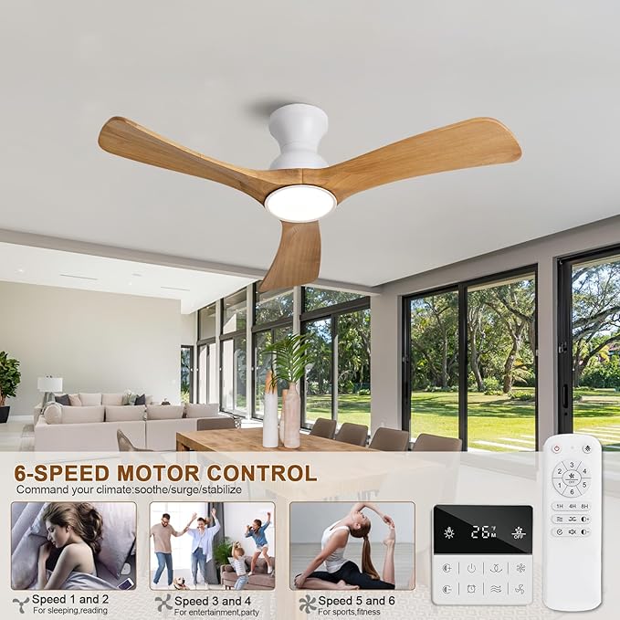 Flush Mount Ceiling Fans with Lights,42 inch,Remote Control,Wall Switch,Solid Wood Blades,Dimmable,Reversible Noiseless,Power Off Memory Modern Ceiling Fan for Bedroom Patio Indoor/Outdoor Use
