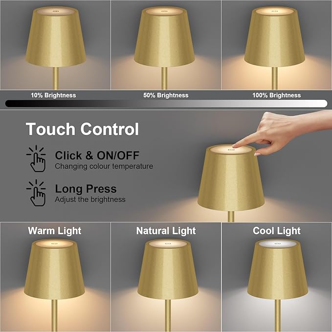 Gold Cordless LED Floor Lamp, Rechargeable 5500mAh Battery Portable Outdoor Floor Lamp Height Stand Lamp for Patio, Living Room, Bedroom Gold