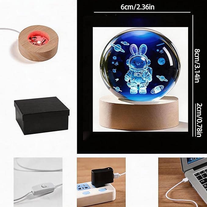 Easter 3D Crystal Ball Rabbit Decor Night Light, Easter Night Light Space Bunny Astronaut Gifts for Kids, Birthday Gift for Boy Gifts for Him Her Boyfriend Girlfriend