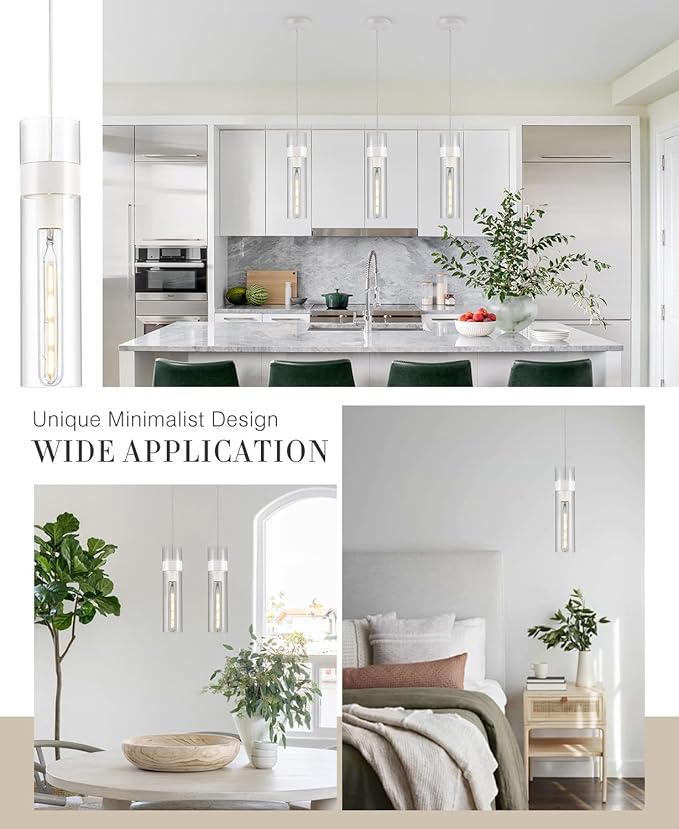 3 Pack Pendant Lights Kitchen Island (Bulbs Included), White Adjustable Modern Glass Pendant Light Over Island, Industrial Pendant Light Fixtures for Dining Room Hallway Bedroom Living Room