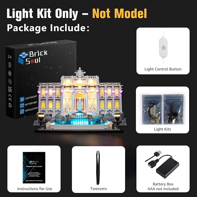 BrickSoul Upgrade Light Kit for Lego 21062 Architecture Trevi Fountain Building Set | with ON/Off & Dimmer Switch & Hidden Cable Tech | Easy Install Lighting Set (21062 Set NOT Included)