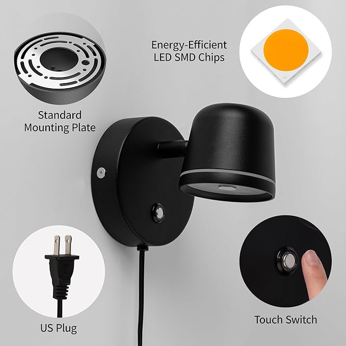 Aisilan Plug in Wall Sconce, Dimmable LED Wall Light with Switch, 7W Adjustable Anti-Glare Bedroom Sconce, Matte Black Aluminum Wall Lamp for Living Room & Bedside