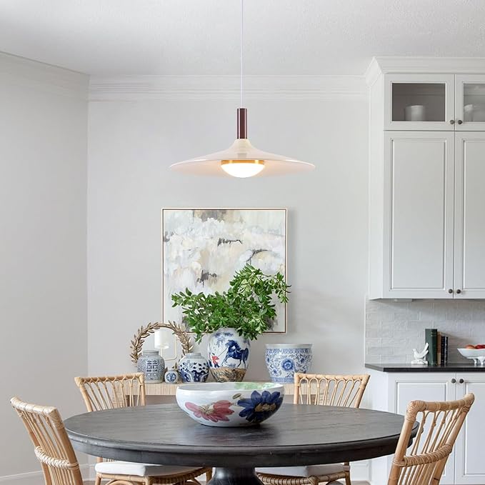 Farmhouse White Pendant Light, LED Base Dome Dimmable Pendant Light Indoor, Modern Height Adjustable Dining Hanging Lamp for Hotel Bar Kitchen Island Hallway Entryway