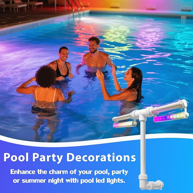 Solar Pool Fountain with Lights, 7 Color Changing Pool Light with Remote & Timer, Dimmable Dual-Head Adjustable Pool Sprinkler Waterfall Fountain, Pool Decor for Above-Ground In-Ground Pools (Solar)