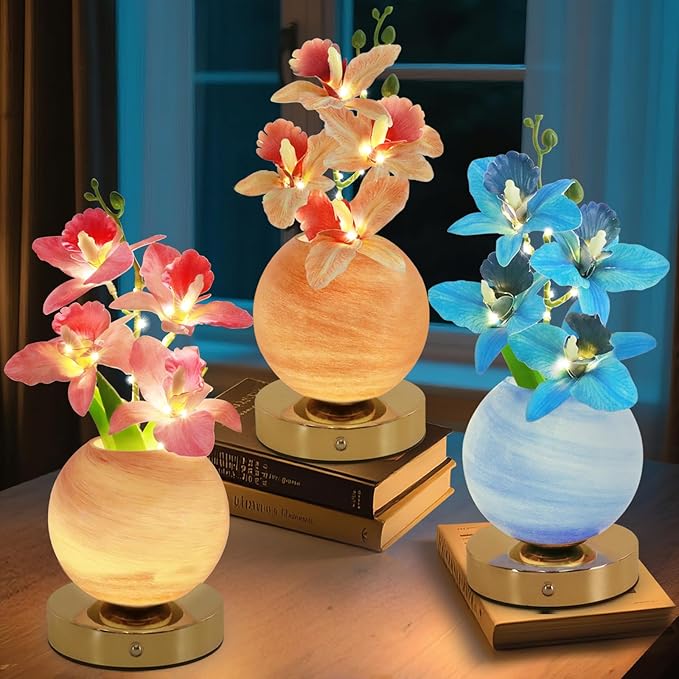 Flower Table Lamp, 3 Colors Orchid Night Light, Cordless Touch Dimming Artificial Flower with Vase Lamp, LED Desktop Decorative Landscape Lights for Festival Party Home Decor (Champagne Orchid)