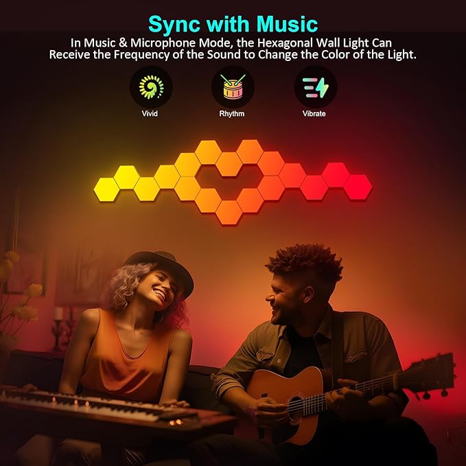 Hexagon LED Lights 12 Pack - RGB Wall Panels with Music Sync, Smart App & Remote Control, DIY Modular Hex Light for Gaming Room, Bedroom, Living Room, Wall Decor