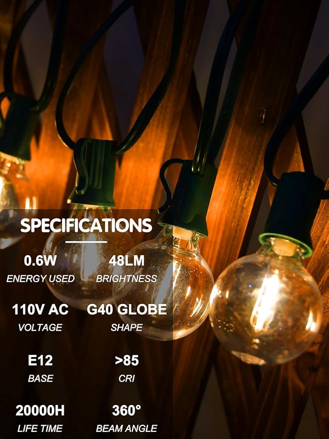 SUNSGNE 25 Pack G40 LED Replacement Light Bulbs, 0.6 Watt Globe String Light Bulbs, Waterproof Replacement Bulbs for Outdoor String Lights, Warm White