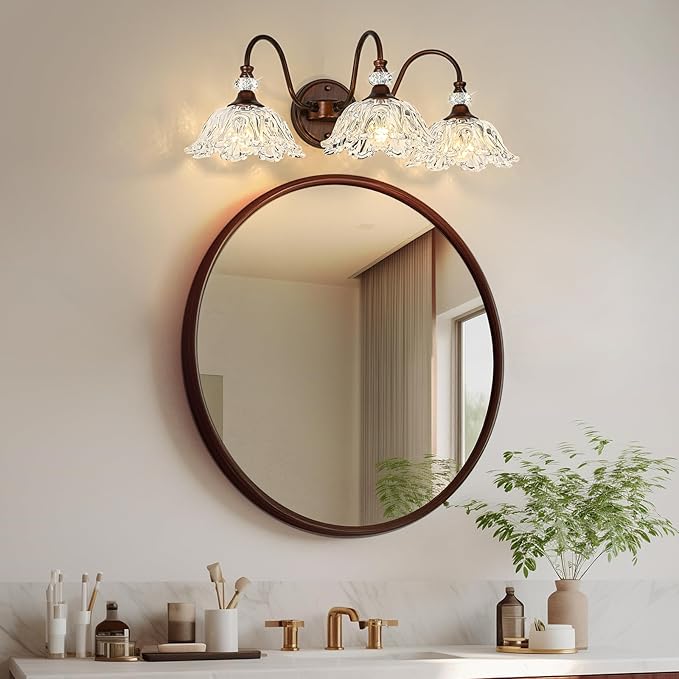 Oil Rubbed Bronze Bathroom Vanity Light, 3-Light Vintage Vanity Light with Floral Clear Glass Shades, Retro Wall Mount Lighting for Bathroom, Dressing Table