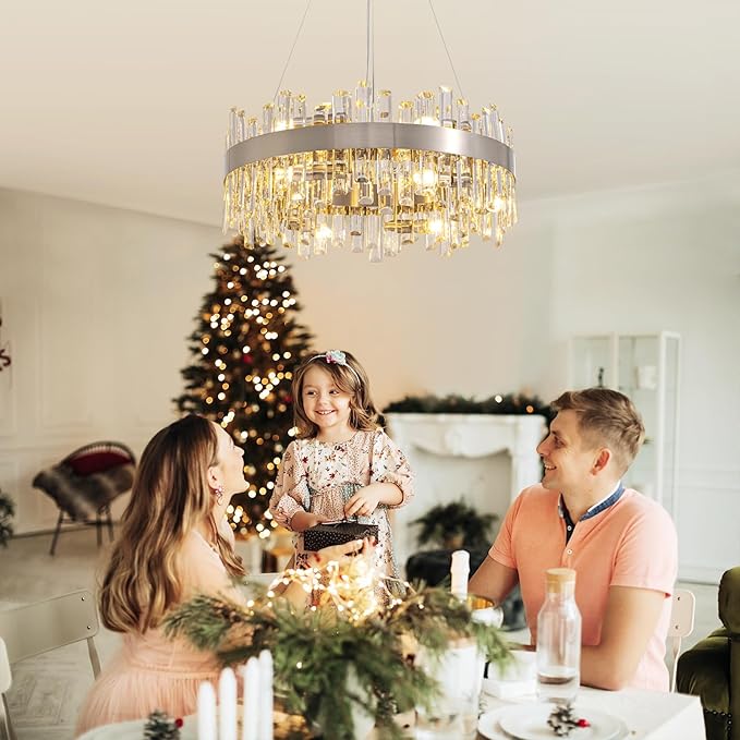 Siljoy Modern Crystal Chandelier for Dining Room, 12 Lights Luxury 2-Tiers K9 Crystal Chandelier Raindrop Pendant Ceiling Light for Living Room Kitchen Island Entry Foyer D23.6'', Brushed Nickel