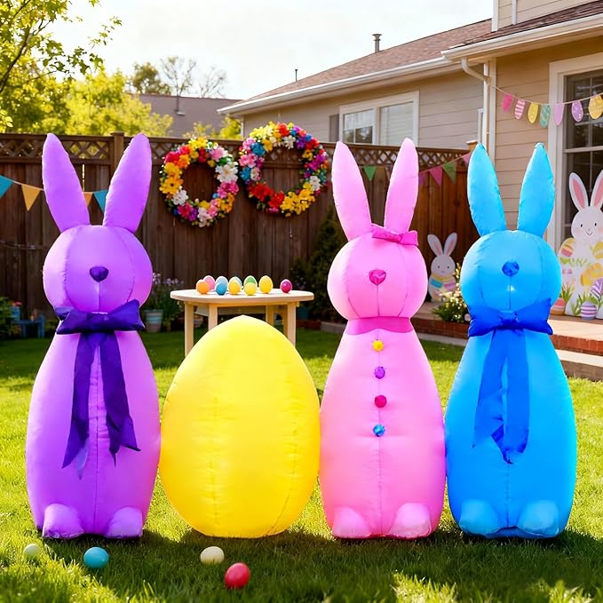 DomKom 6FT Long Easter Inflatable Bunny Outdoor Decorations, Build-in LED Lights Holiday Blow Up Yard Decoration, for Easter Holiday Party, Outdoor,Garden, Yard Lawn Décor