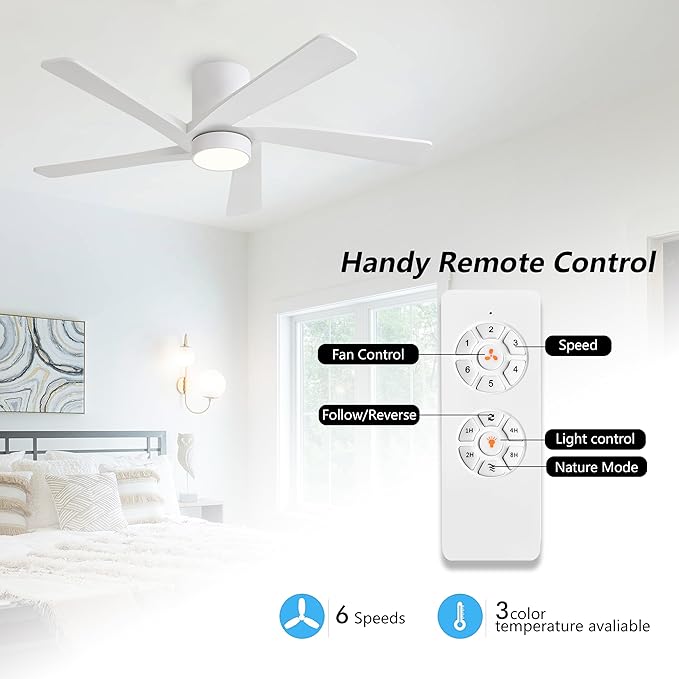 WINGBO 54 Inch Flush Mount DC Ceiling Fan with Lights and Remote, 5 Reversible Carved Wood Blades, 6-Speed Noiseless DC Motor, Hugger Ceiling Fans in White Finish, Low Profile Ceiling Fan, ETL Listed