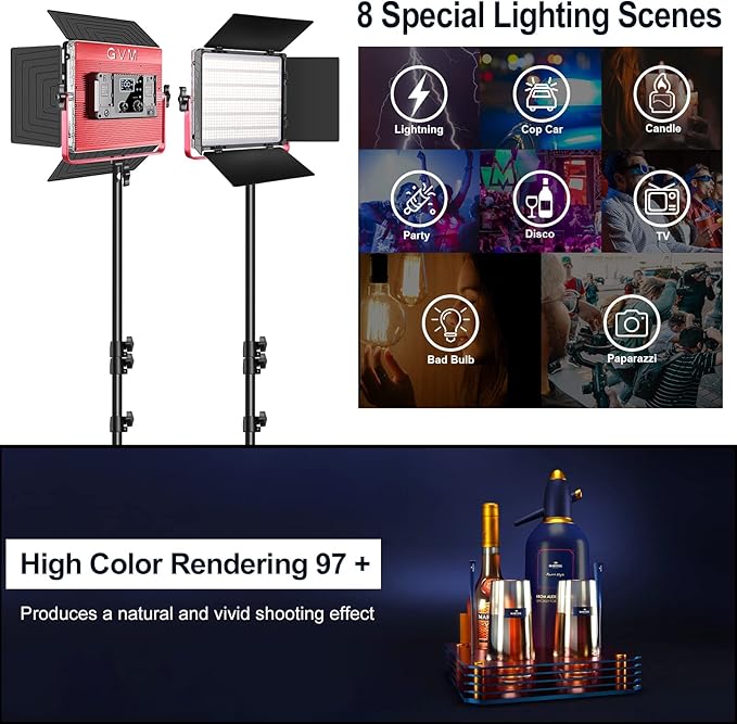 GVM 50W RGB LED Video Light, Studio Light with APP Control, 3200K-5600K Photography Lighting for Video, Product Shooting, 20 Scene Modes & CRI97+, CCT Loop, Hue Loop, 2packs