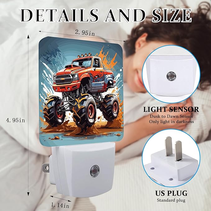 Cartoon Monster Truck Night Light, Plug-into Wall Cool Vehicle Cars Nightlight Lamp with Dusk to Dawn Sensor, Led Lamp 0.5W Energy Efficient for Boys Girls Adults Home Decor