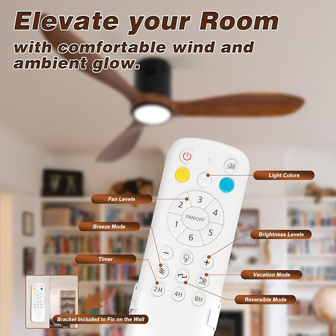 VACILL Wood Flush Mount Ceiling Fan with Light and Remote, 52 inch Low Profile Wooden Fan with 3 Blades, 6 Speed, LED Dimmable, Reversible DC Motor (Dark Brown, Wood)