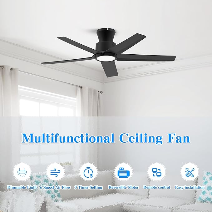 ocioc 44 Inch Ceiling Fans with Lights, Large Air Volume Ceiling Fan with Nightlight, Ultra Quiet Reversible DC Motor with Remote（Black）