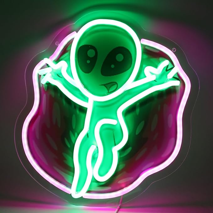 Alien LED Neon Sign, Green UFO Alien Neon Light for Wall Decor, USB Powered Neon Wall Light for Game Room, Bedroom, Party, Bar, with UV